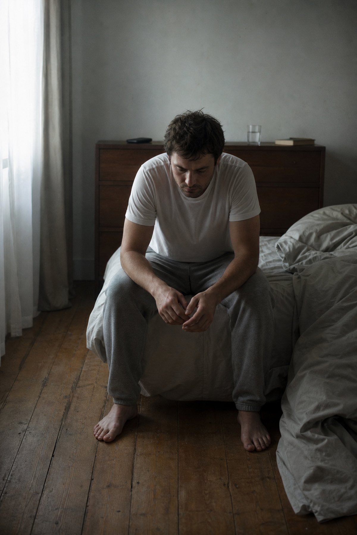 A man sitting on the edge of an unmade bed in flat morning light, head down, phone left across the room.