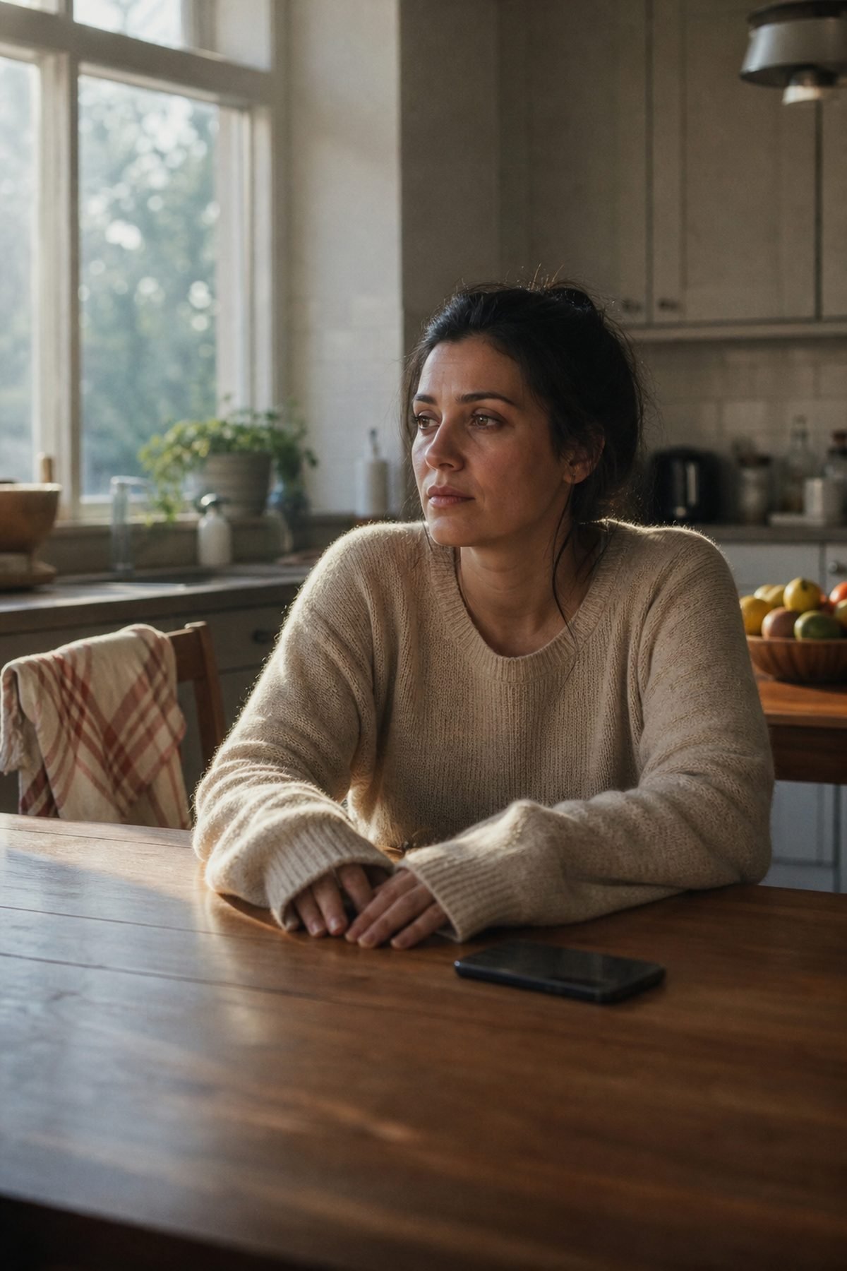 A woman sitting at a kitchen table in morning light, looking out of the window, her phone lying face down on the wood beside her hands.