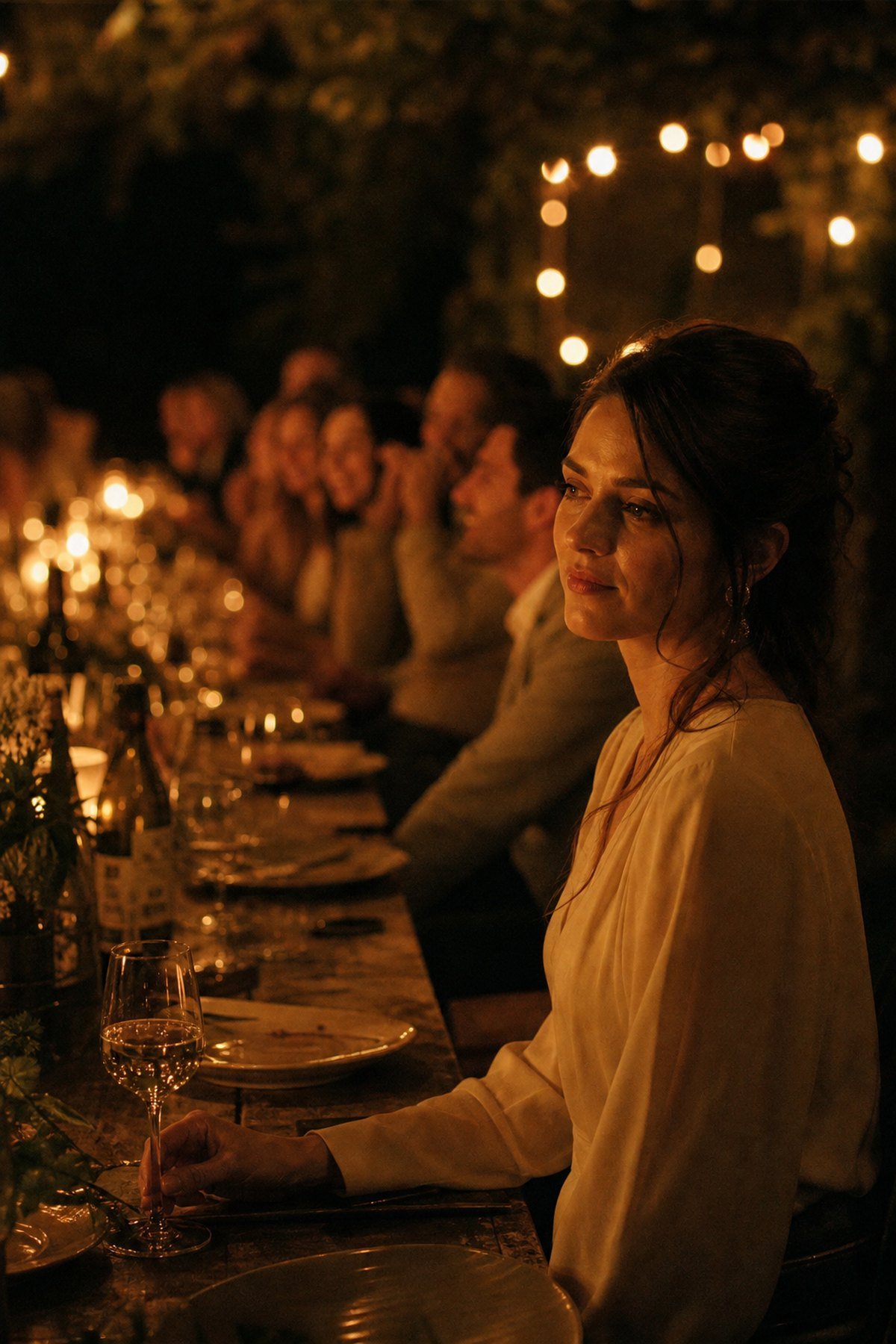 A woman sitting slightly apart at a warm dinner party, quiet while everyone else laughs.