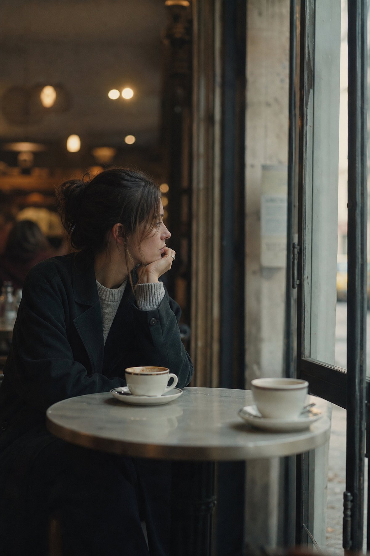 A woman alone at a cafe table for two, chin on her hand, one coffee untouched across from her.