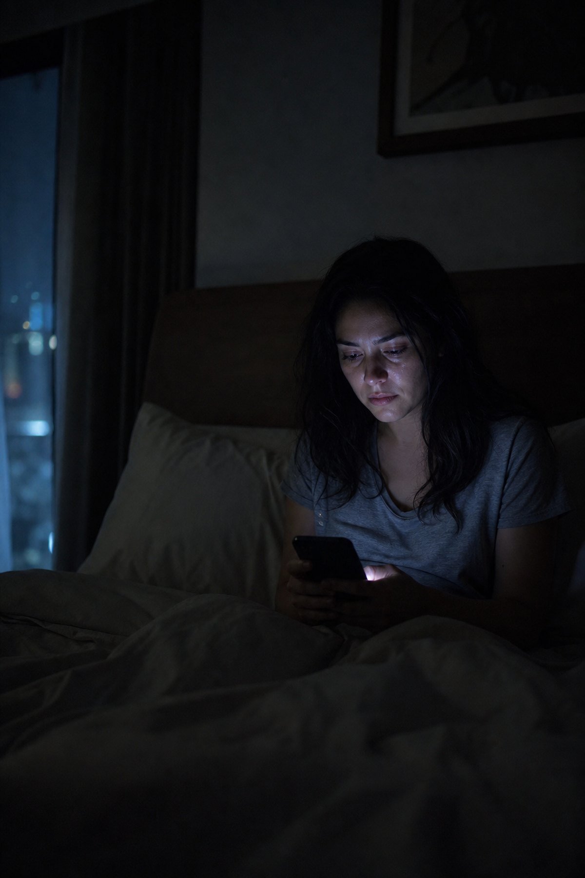 A woman lying awake at night, lit by her phone screen.