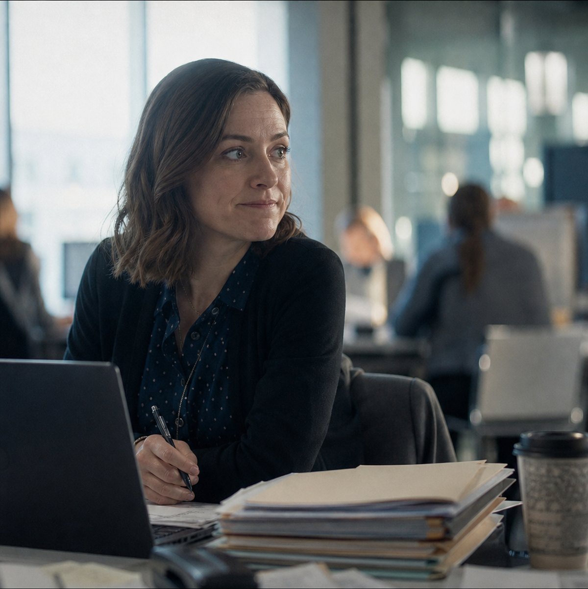 A woman at her desk giving a tired, accommodating half-smile, folders piled beside her.